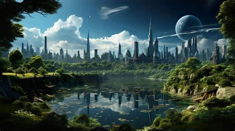 Premium Photo Futuristic City Surrounded By Trees And A River