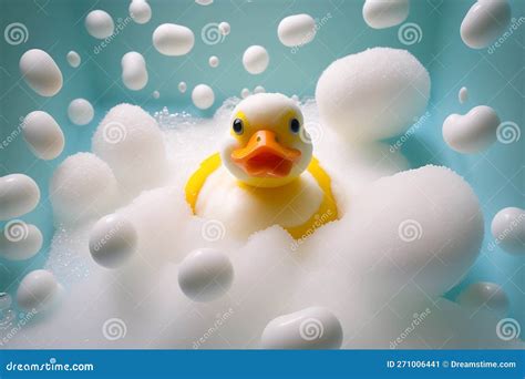 Yellow Rubber Duck In A Bubble Bath Full Of Foam Generative Ai Stock