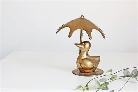 Brass Duck Under Umbrella Rainy Day Vintage Ducks On Base Etsy