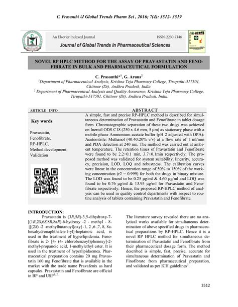 Pdf Novel Rp Hplc Method For The Assay Of Pravastatin And Feno