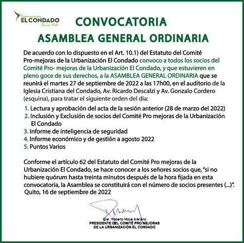 Convocatoria Asamblea General Ordinaria Urbanizaci N El Condado Quito