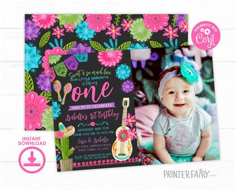 Fiesta First Birthday Party Invitation With Photo Editable Mexican Fiesta Invitation Fiesta