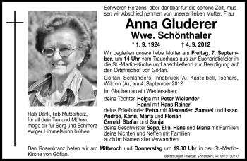 Traueranzeigen Von Anna Gluderer Trauer Bz