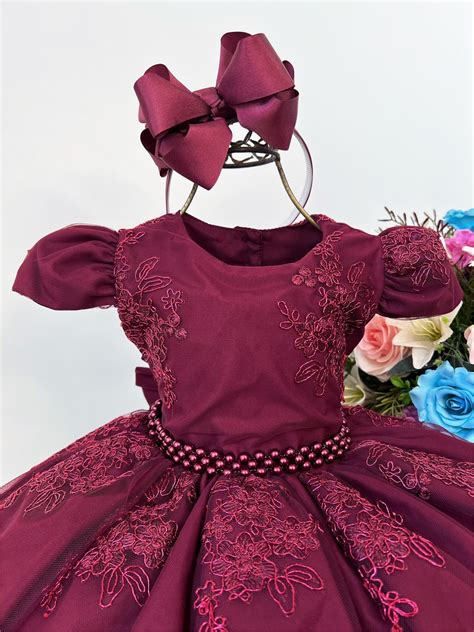 Vestido Infantil Marsala Renda e Cinto de Pérolas Luxo Rosa Charmosa