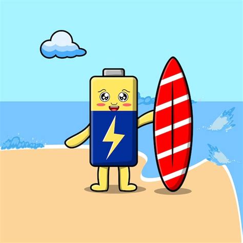 Personnage De Batterie De Dessin Anim Mignon Jouant Au Surf Avec