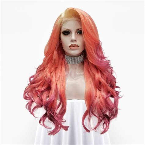 Flamingo Blonde Orange Purple Ombre Long Wavy Synthetic Lace Front W