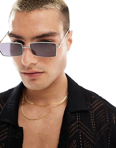 Asos Design Rectangle Sunglasses With Temple Detail In Silver Asos