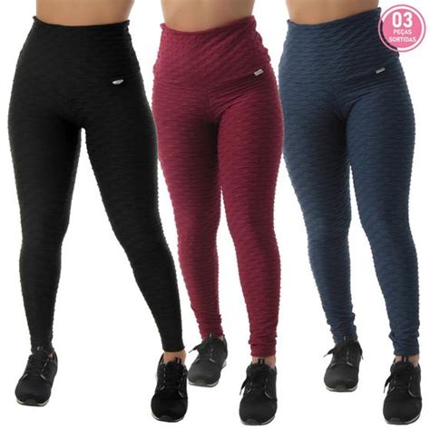 Kit 3 Leggings Bolha Suplex Cós Alto Empina Bumbum Click Mais Bonita