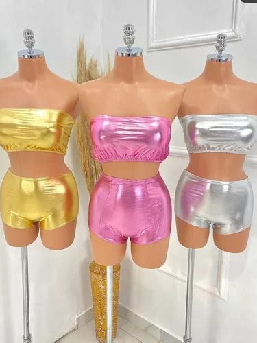 Conjunto Metalizado Cropped E Shorts Hot Pants Carnaval Parcelamento Sem Juros