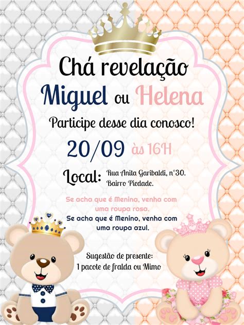 Convite chá revelação Ursinho Príncipe e Ursinha Princesa Edite