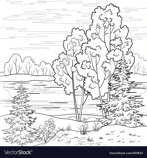 Landscape forest river outline Royalty Free Vector Image