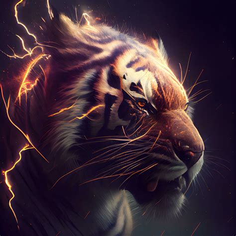 Close up portrait of tiger with lightning in the background. 3D ...