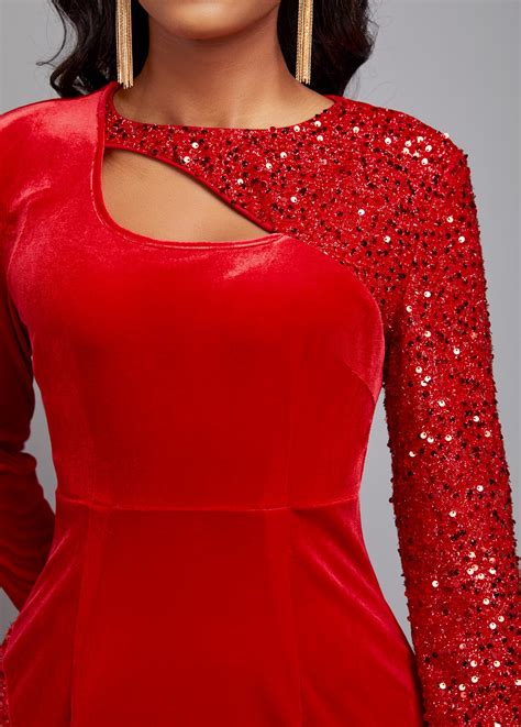 Sequin Red Long Sleeve Round Neck Bodycon Dress Rosewe USD 35 98