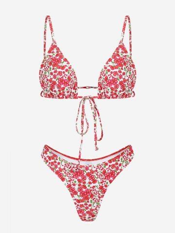 Flower Print Split Triangle Bikini Yellow S In Bikini Sets Online