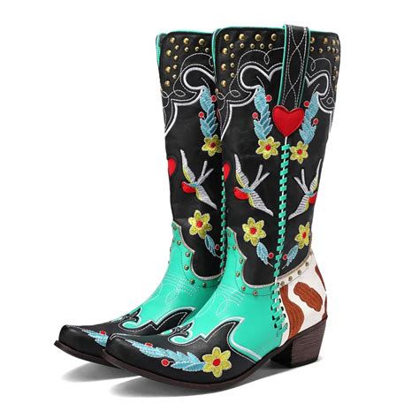 Cowboy Boots Embroidered Flowers Embroidered Cowboy Boots Women Boots Women Knee Aliexpress