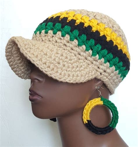 Jamaican Colors Chunky Crochet Baseball Cap With Earrings By Razonda