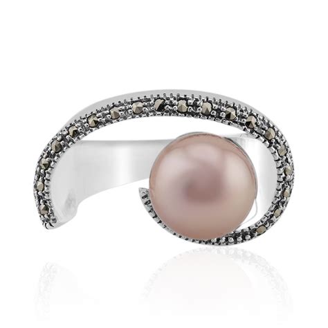 Chic 9mm Ming Pearl Sterling Silver Ring Marcasite