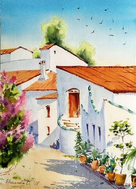 Landscape painting courtyard in Spain street flowers. Painting City of ...