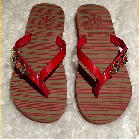 Tory Burch Kiley Flip Flop Poppy Red Gold Reva Logo Gem