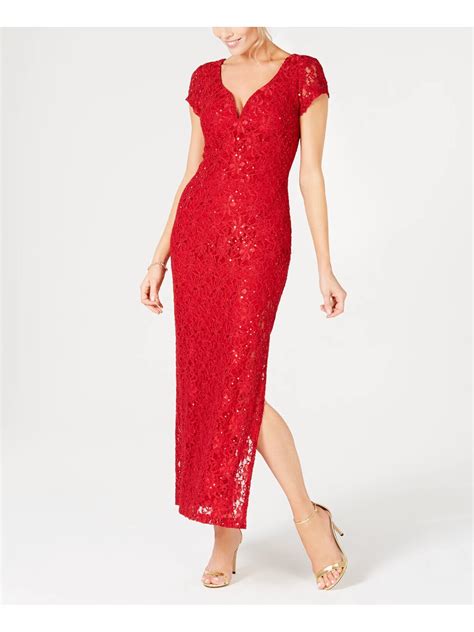 CONNECTED APPAREL Womens Red Stretch Sequined Lace Slitted Notched