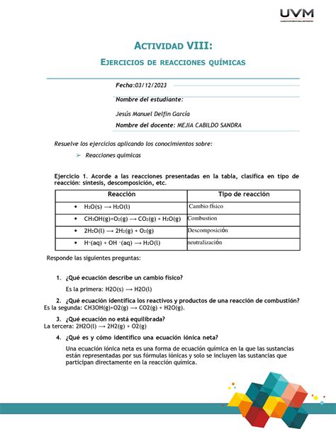 Actividad 10 Ejercicios ACTIVIDAD VIII EJERCICIOS DE REACCIONES