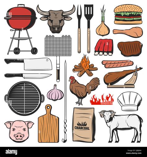 Barbecue Icons Grill Meat Food And Picnic Burgers Vector Bbq Items