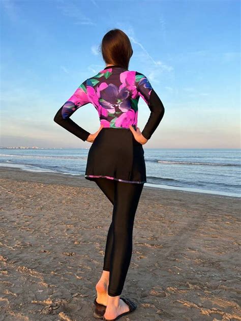 Shein Swim Mulvari 3pack Tropical Print Burkini One Piece Swimsuit