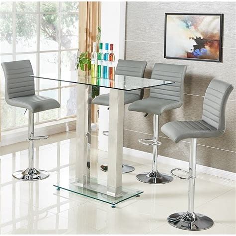 Jet Clear Glass Top Bar Table With 4 Ripple Grey Stools | Furniture in ...