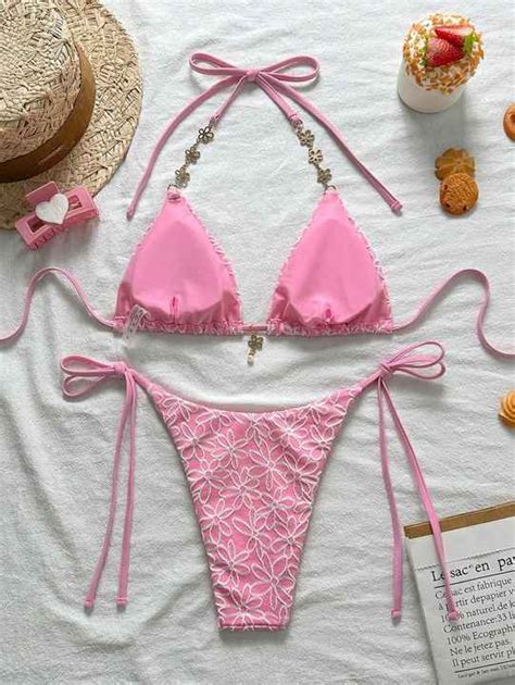 Women S European American Sexy Lace Up Neck Bikini New Flower Fabric Bandeau Swimsuit