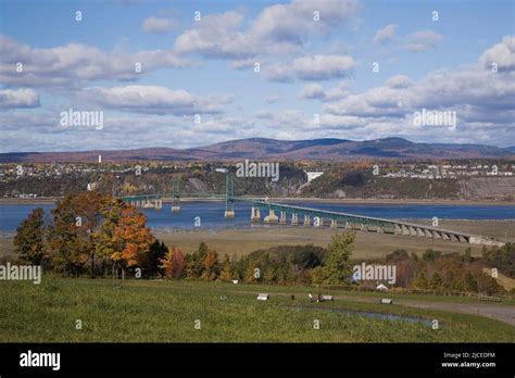 View of Ile d'Orleans bridge over the Saint-Lawrence river in autumn ...