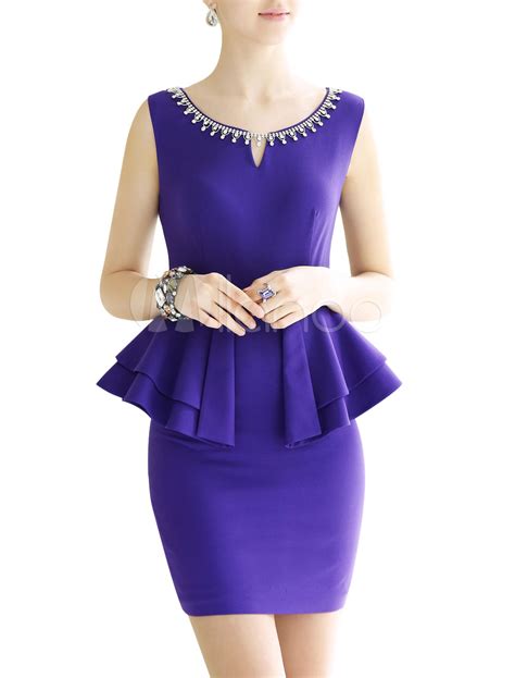 Purple Jewelry Neck Sleeveless Peplum Women S Bodycon Dress Milanoo