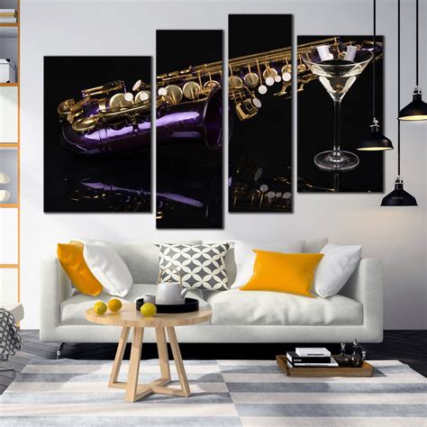 4 Panel Canvas Wall Art of Purple Gold Saxophone Cocktail Glass Black ...