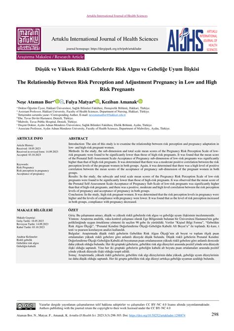 PDF Düşük ve Yüksek Riskli Gebelerde Risk Algısı ve Gebeliğe Uyum