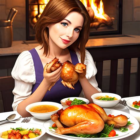 Beautiful Lady Eating Roast Chicken Arthub Ai