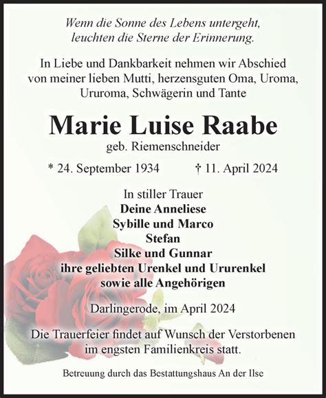 Traueranzeigen Von Marie Luise Raabe Abschied Nehmen De