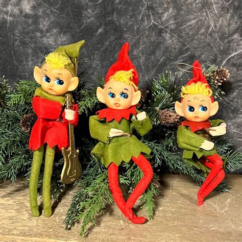 Vintage Christmas Elves, Set of 3 Green Pixie Elf Ornaments, Elf Guitar ...