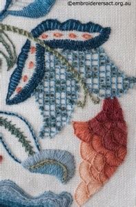 Blue Flower Detail From Crewel Cushion Stitched By Fran Novitski