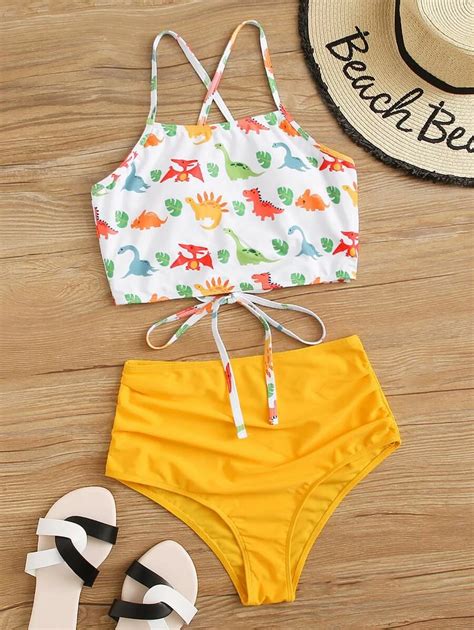 Cartoon Random Dinosaur High Waisted Bikini Swimsuit Bikini Swimsuits