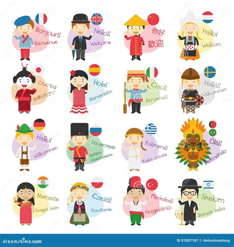 Vector Illustration of 16 Cartoon Characters Saying Hello and Welcome ...