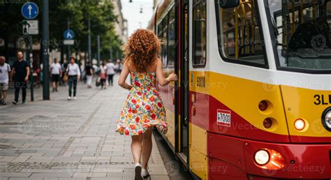 Woman running to catch tram public transportation in city street with