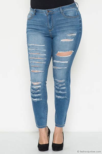 PLUS SIZE Stretch Ripped Distressed Destroyed Skinny Jeans Medium Blue Wash