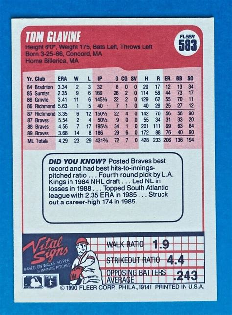 1990 Fleer Tom Glavine 583 Baseball Card Atlanta Braves 2x CYA WS MVP