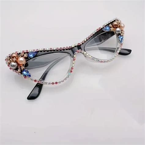 Cat Eye Clear Lens Glasses Rhinestone And Faux Pearl Decor Handmade Sunglasses Stylish Photo Prop