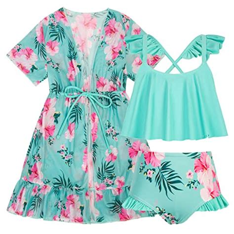 Snagshout Girls Swimsuit 3 Piece Floral Bikini Set Swimwear Bathing Suit Swimsuit With Kimono