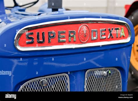 Front Badge Of A Blue Fordson Super Dexta Vintage Farm Tractor Stock