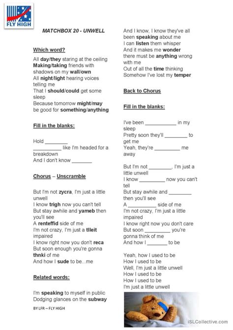 Matchbox 20 Unwell Song And Nurser English Esl Worksheets Pdf And Doc