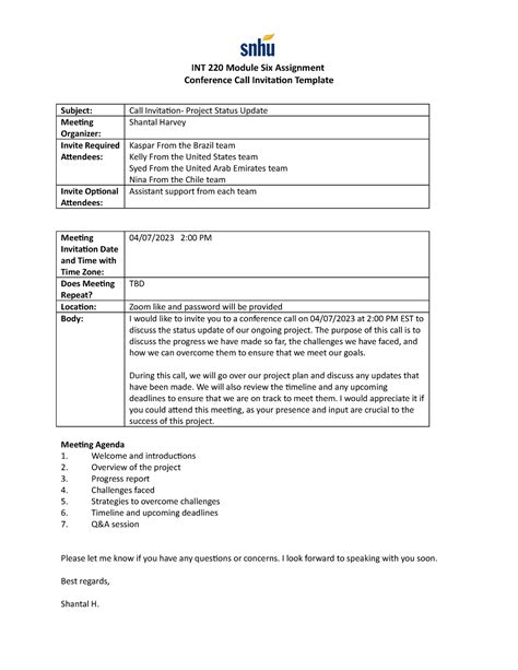 Int Conference Call Invitation Template Int Module Six