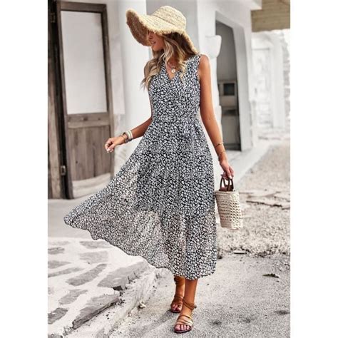 Robe femme chic et elegant Vacances à la plage d été sans manches Col