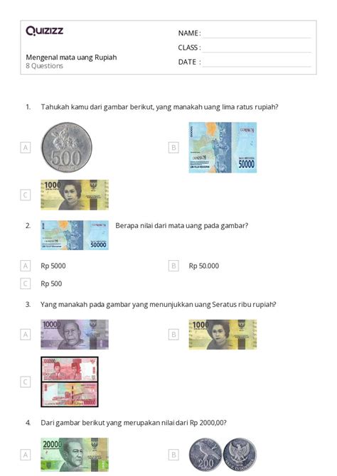 Lembar Kerja Uang Untuk Kelas Di Quizizz Gratis Dapat Dicetak