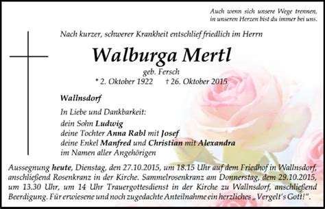 Traueranzeigen Von Walburga Mertl Mittelbayerische Trauer